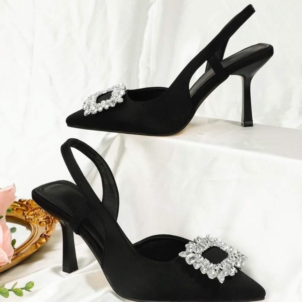 Elegant Black Slingback Heels with Crystal Embellishment
